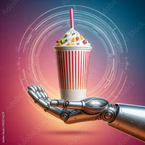 A tasty milkshake beverage being held in robot's cybernetic robotic hand, futuristic gradient background, wallpaper illustration
