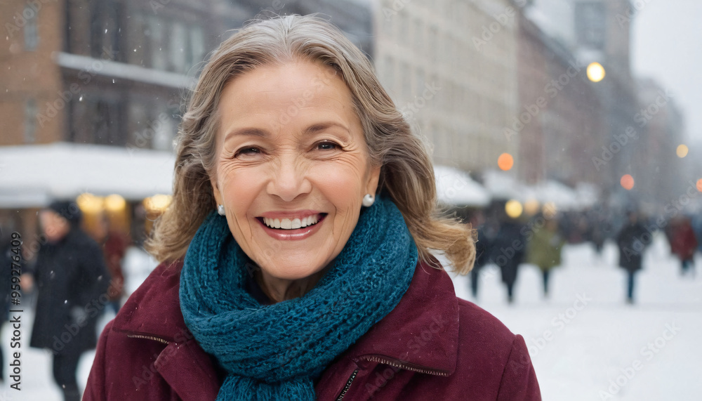 portrait of smiling woman in winter city portrait of smiling woman in winter city