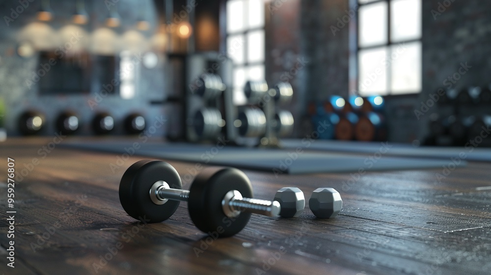 Close-up of a dumbbell and two weights on a wooden floor in a gym Close-up of a dumbbell and two weights on a wooden floor in a gym