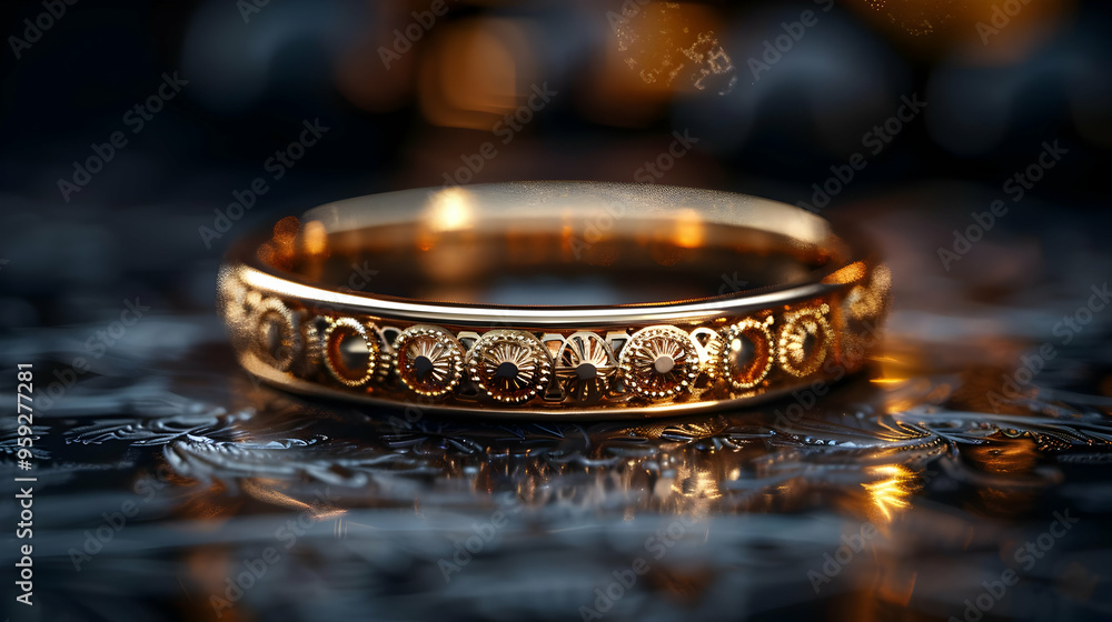 Golden Ring with Intricate Design on a Dark Background - 3D Illustration Golden Ring with Intricate Design on a Dark Background - 3D Illustration