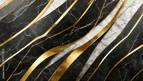 Abstract luxurious black and white marble and porcelain surface or wall texture, background or wallpaper with shiny gold wavy stripes and golden veins and lines.