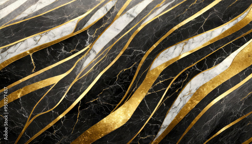 Abstract luxurious black and white marble and porcelain surface or wall texture, background or wallpaper with shiny gold wavy stripes and golden veins and lines.
