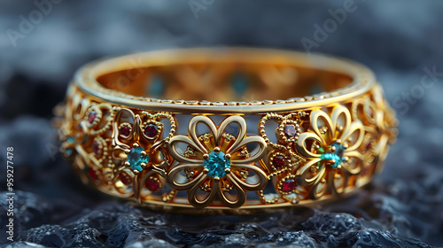 Ornate Gold Ring with Gemstones - 3D Render