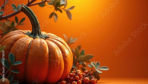 A vibrant orange pumpkin adorned with leaves and berries, perfect for autumn-themed projects, seasonal marketing, and festive decorations. photo