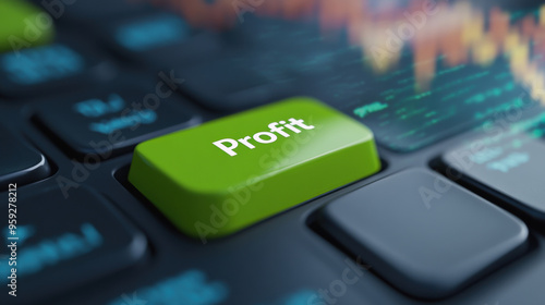 A close up of a green button on the keyboard with profit written in white, AI