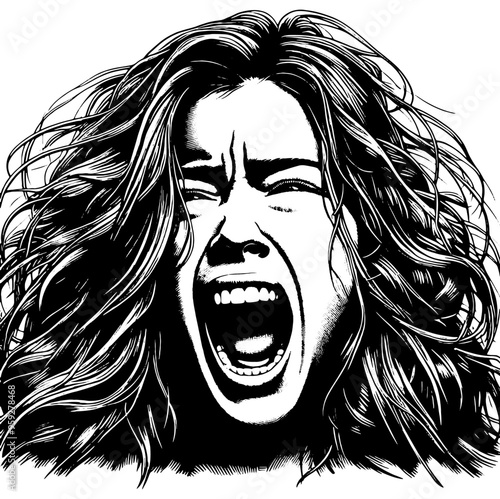 Distressed person screaming with hands on head in black and white drawing. Vector, generative ai.