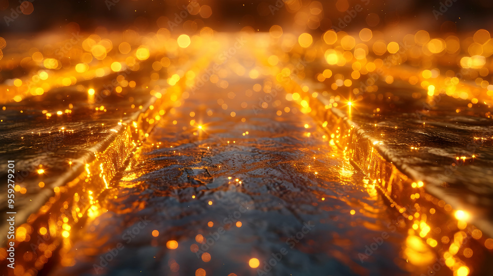 Naklejka premium Golden Path with Glittering Bokeh 3D Illustration