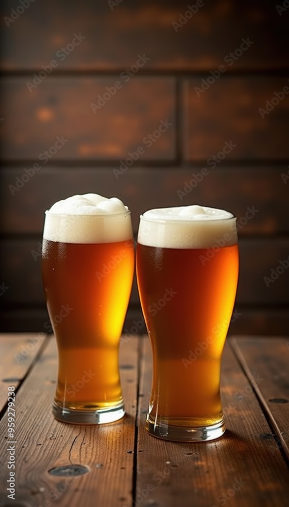 Two frosty glasses of golden beer with creamy foam sit on a rustic wooden table, perfect for showcasing craft breweries or bar atmospheres. Two frosty glasses of golden beer with creamy foam sit on a rustic wooden table, perfect for showcasing craft breweries or bar atmospheres.