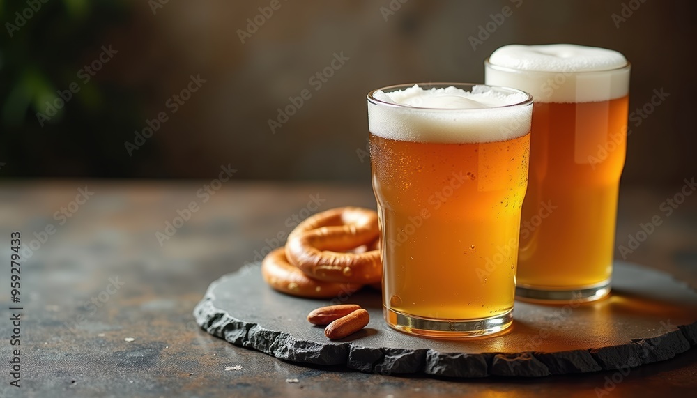 Refreshing beer in glasses paired with pretzels on a rustic slate board, perfect for food and beverage marketing or social gatherings. Refreshing beer in glasses paired with pretzels on a rustic slate board, perfect for food and beverage marketing or social gatherings.