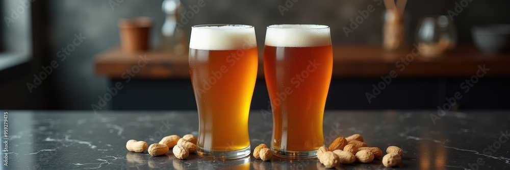 Refreshing craft beers served in glasses, surrounded by peanuts, perfect for social gatherings, bars, or brewing promotions. Refreshing craft beers served in glasses, surrounded by peanuts, perfect for social gatherings, bars, or brewing promotions.