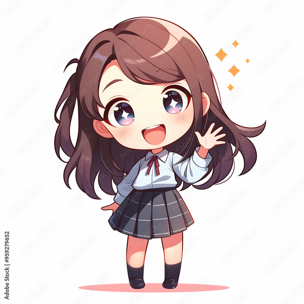 Cute anime girl in school uniform waving with a smile. Stock ...