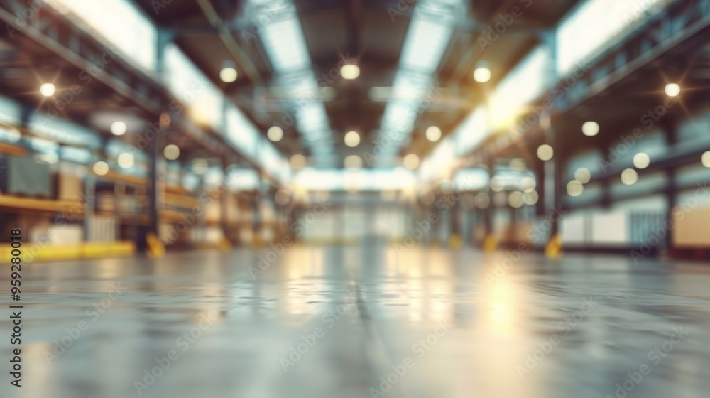 Fototapeta premium Background of vast factory space and blurred warehouse for industry. AI generated image