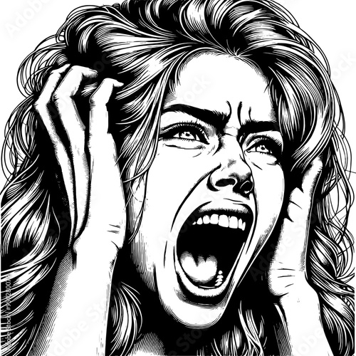 Distressed person screaming with hands on head in black and white drawing. Vector, generative ai.