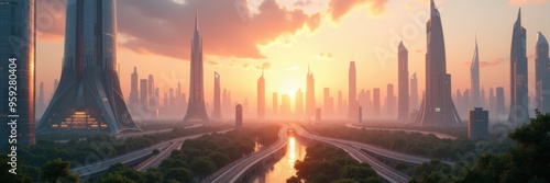 A futuristic cityscape at sunset, showcasing innovative architecture and a serene river, ideal for technology, urban planning, or sustainability themes.