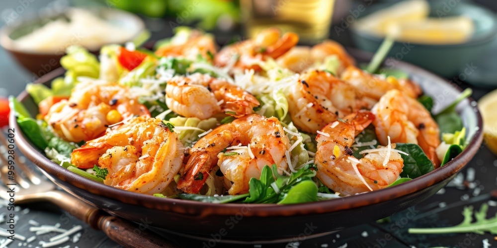 Caesar Salad with Shrimp and Parmesan Cheese Fresh Green Salad topped with Crispy Fried Shrimp Caesar Salad with Shrimp and Parmesan Cheese Fresh Green Salad topped with Crispy Fried Shrimp
