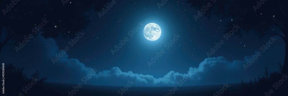 Fototapeta premium A serene night sky featuring a bright full moon surrounded by clouds, perfect for illustrating themes of tranquility, nature, and night-time beauty.