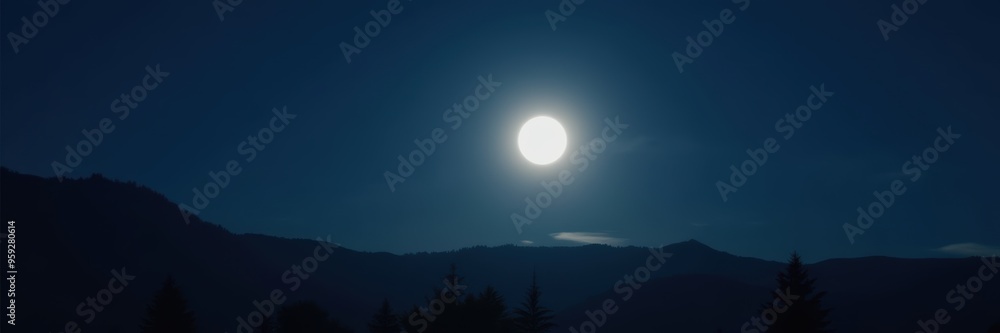 Fototapeta premium A breathtaking night scene featuring a bright full moon illuminating the serene mountain landscape, perfect for nature-inspired projects or calming visuals.