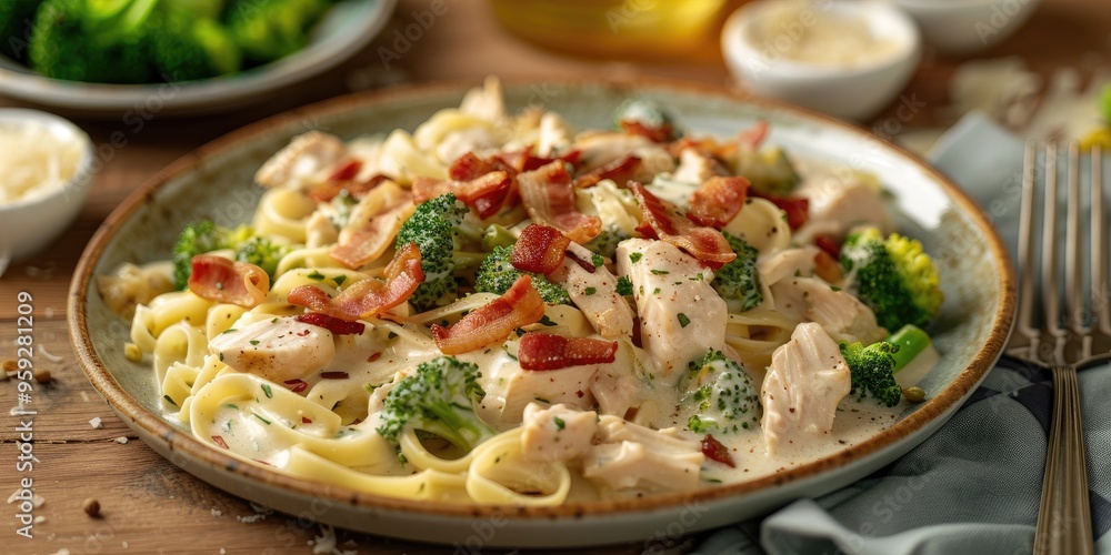 Side view of Homemade Chicken Bacon Broccoli Alfredo on a plate Side view of Homemade Chicken Bacon Broccoli Alfredo on a plate