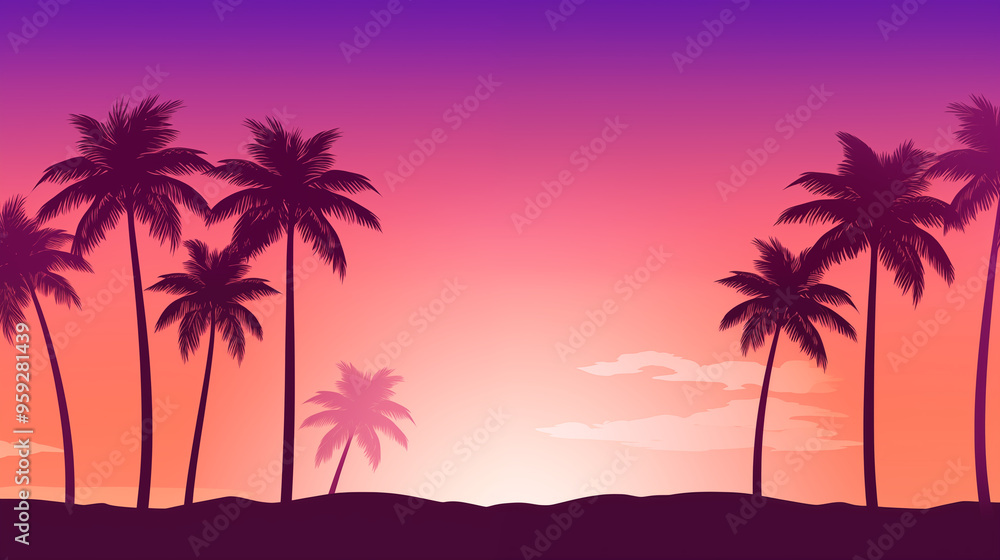 Serene Tropical Sunset Over Horizon With Palm Tree Silhouettes Serene Tropical Sunset Over Horizon With Palm Tree Silhouettes