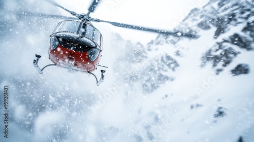 A helicopter soars through a snowstorm in mountainous terrain, illustrating the intense and adventurous flight conditions faced in wintry, isolated areas.