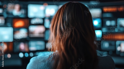 A woman with long hair is sitting in front of multiple screens in a dark control room, possibly monitoring or analyzing information. The room is filled with technology.