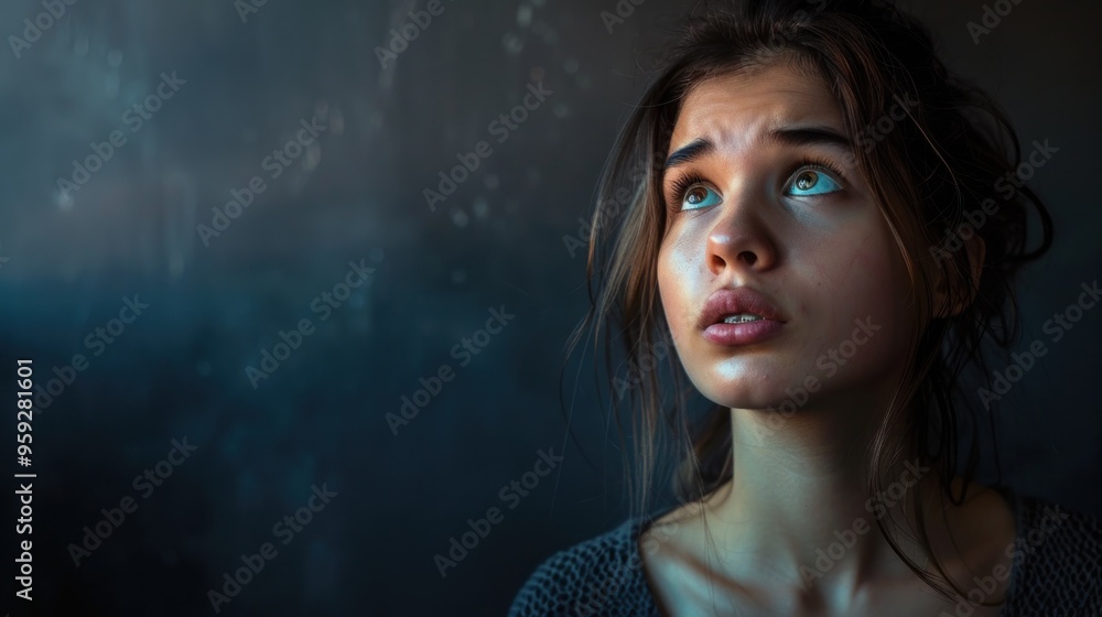 Portrait of beautiful woman on dark background with worried expression. AI generated image Portrait of beautiful woman on dark background with worried expression. AI generated image