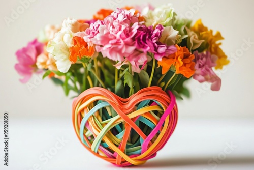 Vibrant Flower Bouquet in a Heart Shaped Vase for Home Decor photo