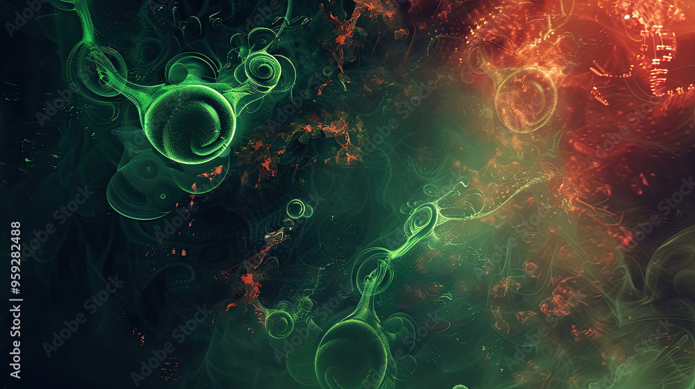 A surreal abstract representation of toxins spreading through a body, depicted with green and red glowing orbs and swirling shapes.