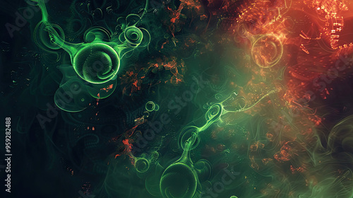 Obraz na płótnie A surreal abstract representation of toxins spreading through a body, depicted with green and red glowing orbs and swirling shapes. w salonie