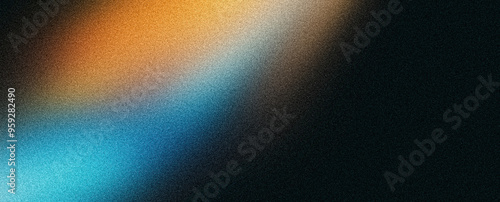 Vibrant grainy background, abstract yellow blue orange color gradient shape, black backdrop noise texture dark banner header poster design, copy space