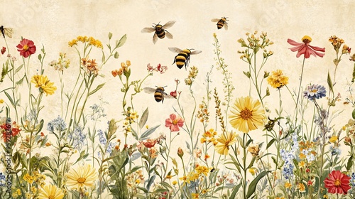 Seamless wallpaper design of wildflowers and bees with a naturalistic style and earthy color tones