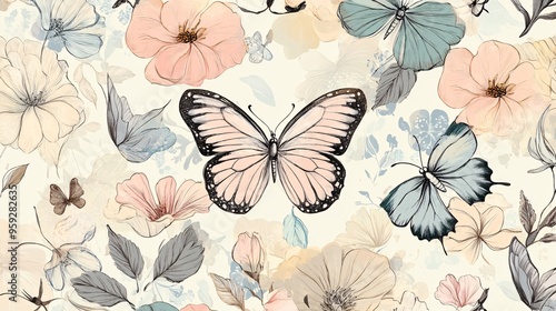 Wallpaper Mural Seamless pattern of garden flowers and butterflies with soft pastels and intricate line work Torontodigital.ca