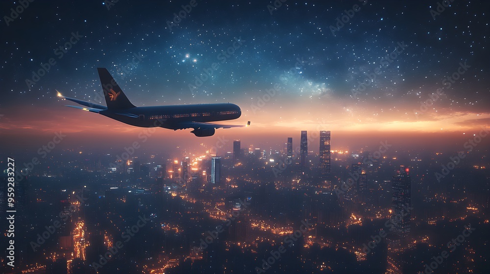 A sleek airplane gliding above a dazzling cityscape, skyscrapers aglow with golden lights against a deep indigo sky, stars twinkling in the distance