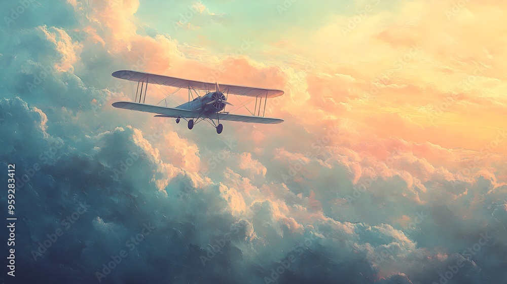 Fototapeta premium A vintage biplane gliding above soft, pastel clouds, capturing the nostalgia of early aviation. The delicate strokes and muted tones evoke a dreamy, serene atmosphere