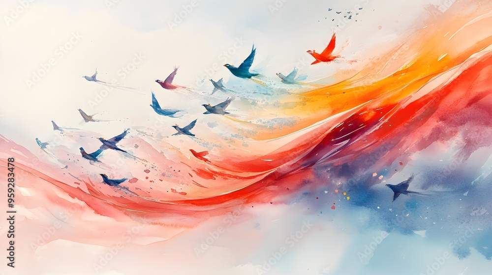 Fototapeta premium Watercolor art of an airshow with planes drawing elegant loops, the swirling trails forming a colorful tapestry against a clear sky