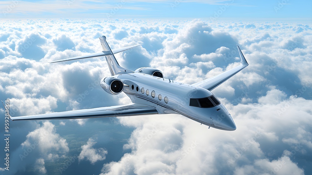 Fototapeta premium A modern jet cutting through a clear blue sky, with a flowing banner that reads Adventure Awaits against a backdrop of fluffy white clouds