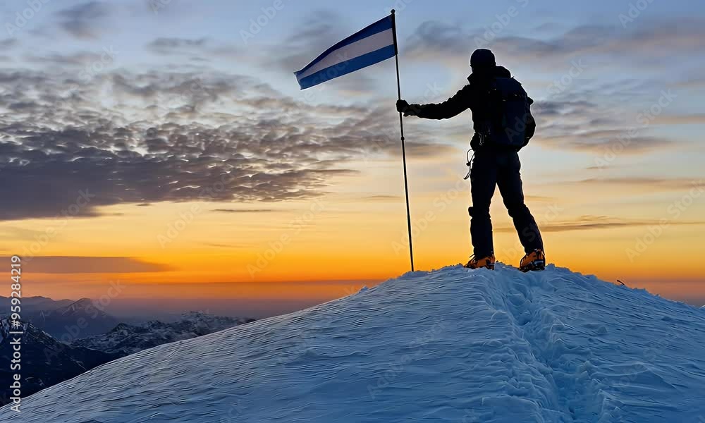 custom made wallpaper toronto digitalTriumphant Mountain Climber at Sunset with Flag on Snowy Peak