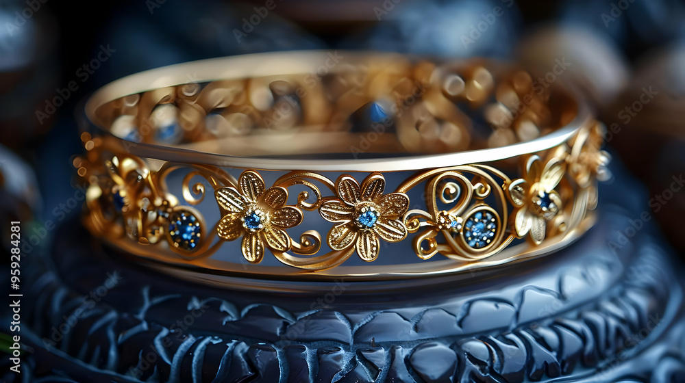 Golden Floral Bracelet with Blue Gemstones - 3D Render Golden Floral Bracelet with Blue Gemstones - 3D Render