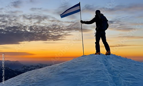 Wallpaper Mural Triumphant Mountain Climber at Sunset with Flag on Snowy Peak Torontodigital.ca