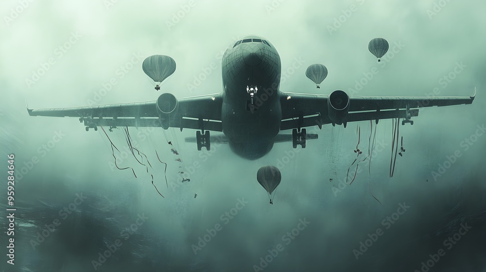 A futuristic cargo plane gliding through a misty sky, toys parachuting down with ribbons trailing, a dreamy and ethereal scene in delicate tones A futuristic cargo plane gliding through a misty sky, toys parachuting down with ribbons trailing, a dreamy and ethereal scene in delicate tones