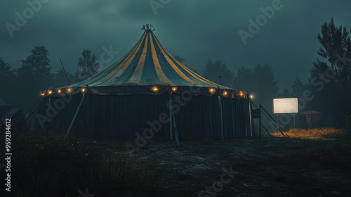 A Lonely Circus Tent Stands in a Foggy Forest at Night