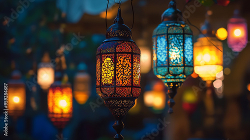 Colorful Islamic Festival Lanterns Lighting Up Night