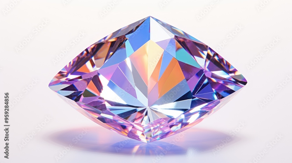 A beautifully cut gemstone reflecting a spectrum of colors on white background, showcasing its brilliance and intricate facets. A beautifully cut gemstone reflecting a spectrum of colors on white background, showcasing its brilliance and intricate facets.