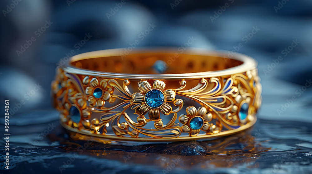 Golden Ring with Blue Gemstones 3D Illustration Golden Ring with Blue Gemstones 3D Illustration