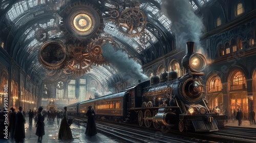 A steampunk citys central station, with steam trains arriving and departing, massive gears turning above, and passengers in Victorianinspired fashion