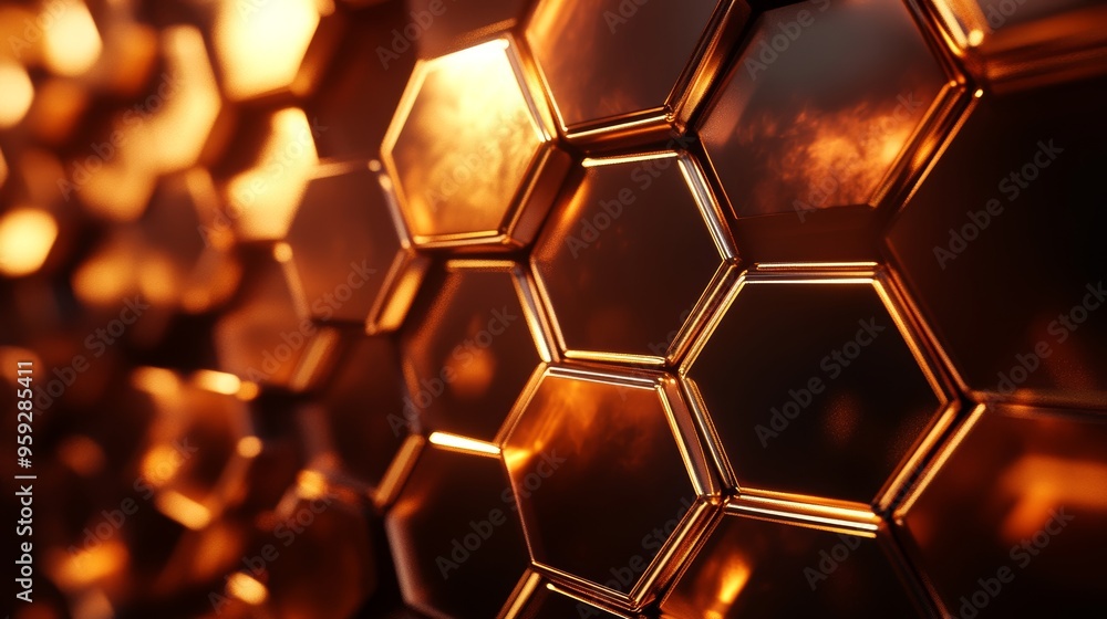 Abstract geometric design of interlocking copper hexagons with sharp edges, glowing under soft ambient light, reflecting deep metallic hues. Futuristic, 3D render Abstract geometric design of interlocking copper hexagons with sharp edges, glowing under soft ambient light, reflecting deep metallic hues. Futuristic, 3D render
