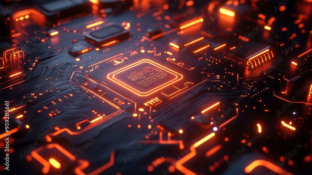 Copper circuit board with a glowing, holographic interface, futuristic neon elements, high-tech details, and digital blueprints in the background, Cyberpunk, High detail Copper circuit board with a glowing, holographic interface, futuristic neon elements, high-tech details, and digital blueprints in the background, Cyberpunk, High detail
