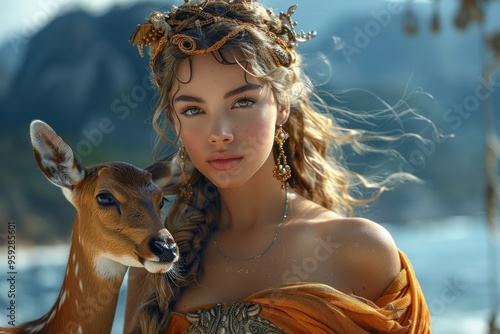 Artemis - greek mythology, eternally young goddess of hunting, female chastity, patroness of all life on earth, bringing happiness in marriage, aiding in childbirth, later known as goddess of moon photo