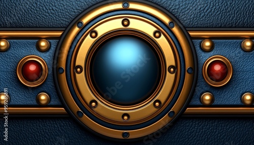 Golden Circle with Blue Center on Blue Leather Background