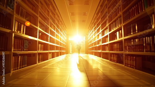 A tranquil library aisle filled with tall bookshelves and soft reading lamps, capturing a close-up of a person quietly browsing books.